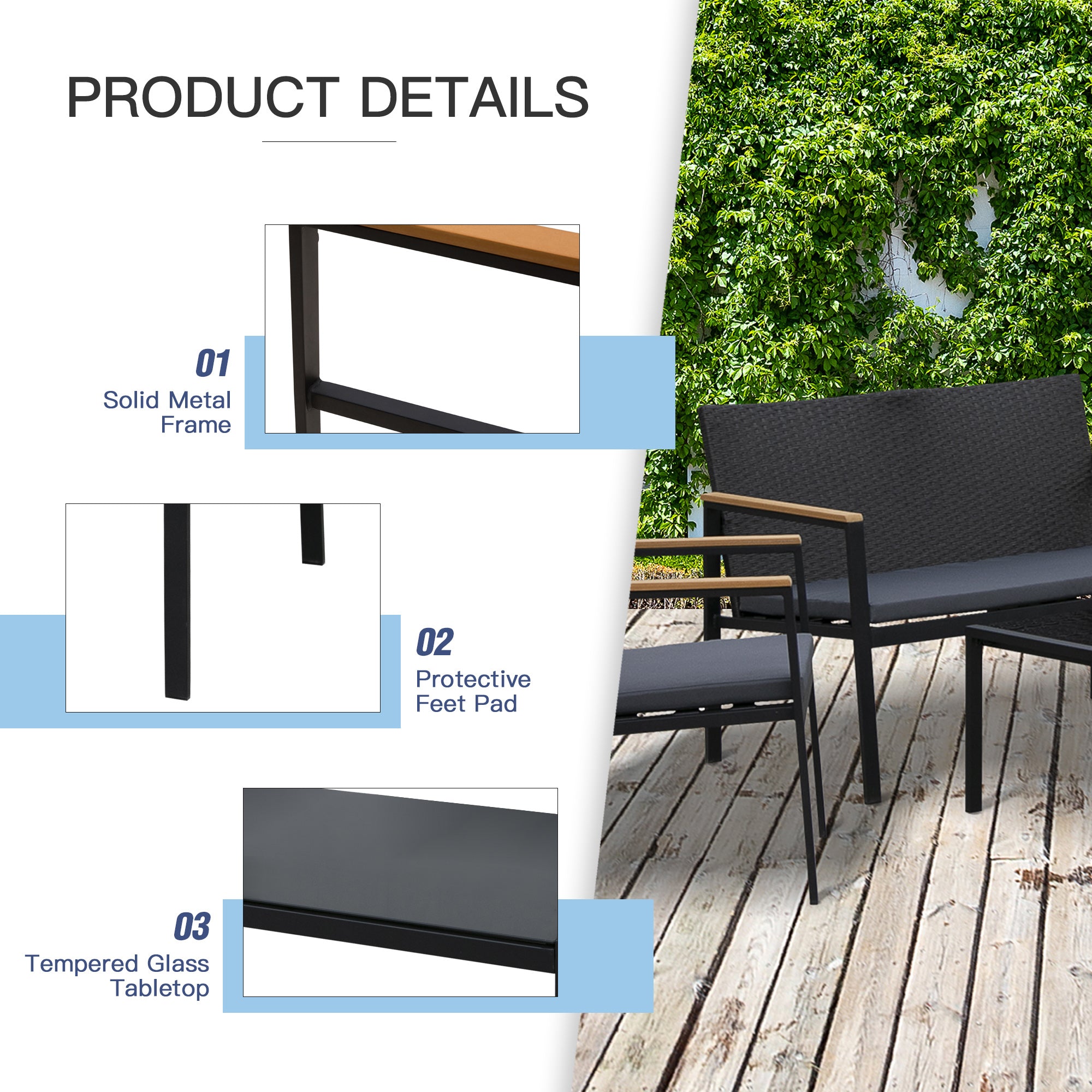 Outsunny 4 Pieces Rattan Garden Furniture Set, 4 Seater Garden Sofa Set with Loveseat, 2 Armchairs and Glass Top Coffee Table, Wicker Outdoor Conservatory Furniture with Cushions for Patio, Black 