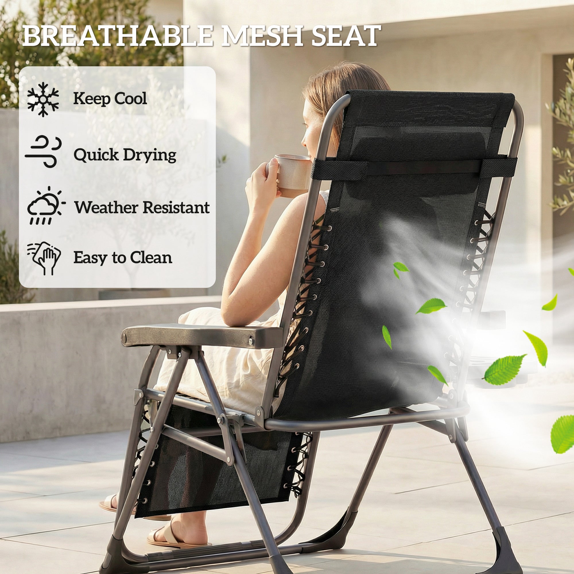 Outsunny Zero Gravity Chairs Set of 2, Folding Sunloungers Reclining Garden Chairs with Cup Holder, Headrest, Black 