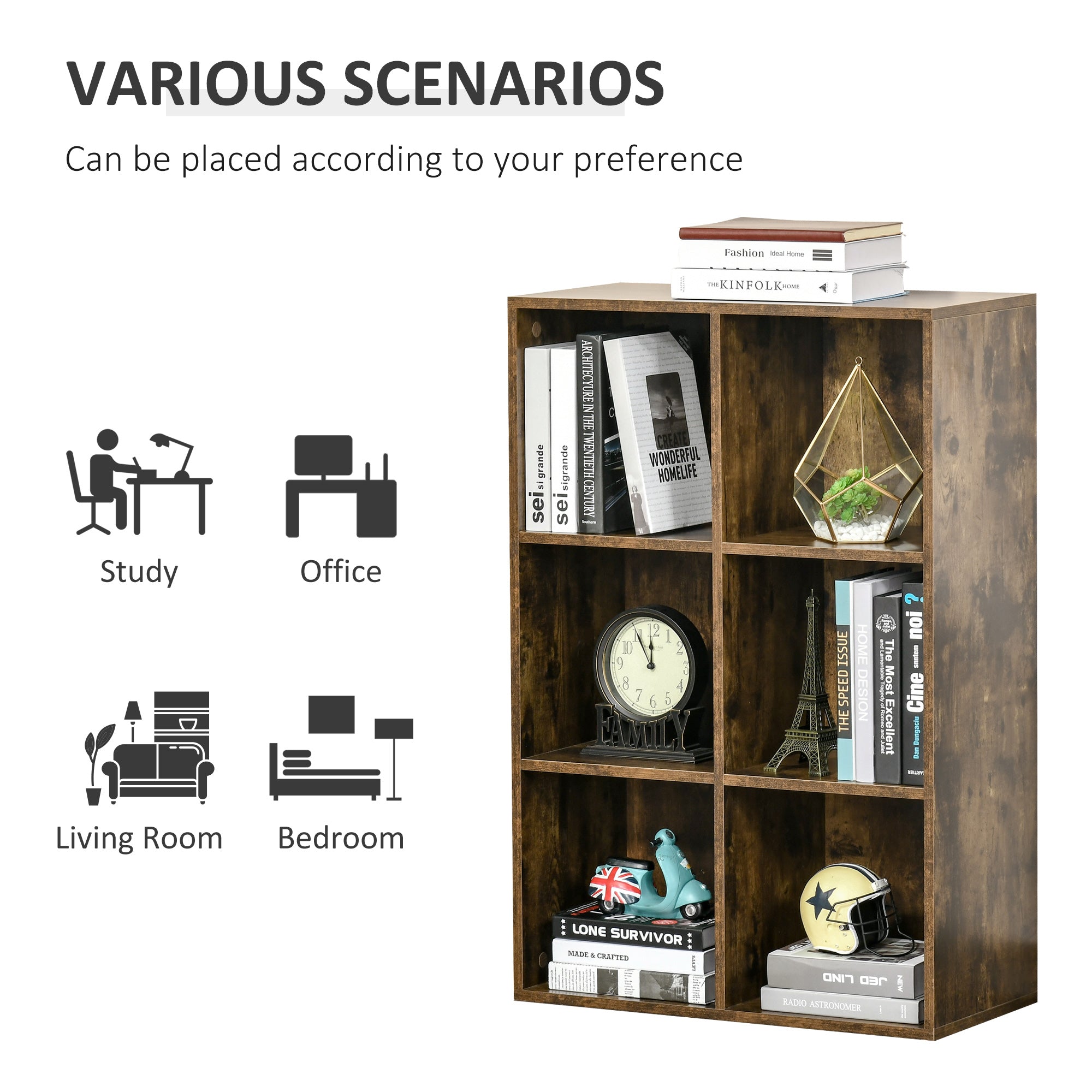 HOMCOM Six-Cube Bookcase - Rustic Brown Wood Effect 