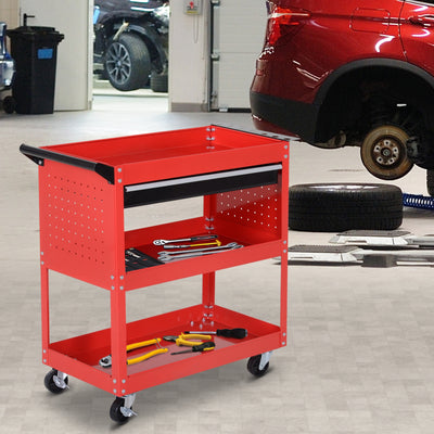DURHAND 3-Tier Tool Trolley Cart Storage Shelf Roller Cabinet DIY Box Garage Workshop with Drawer Red 