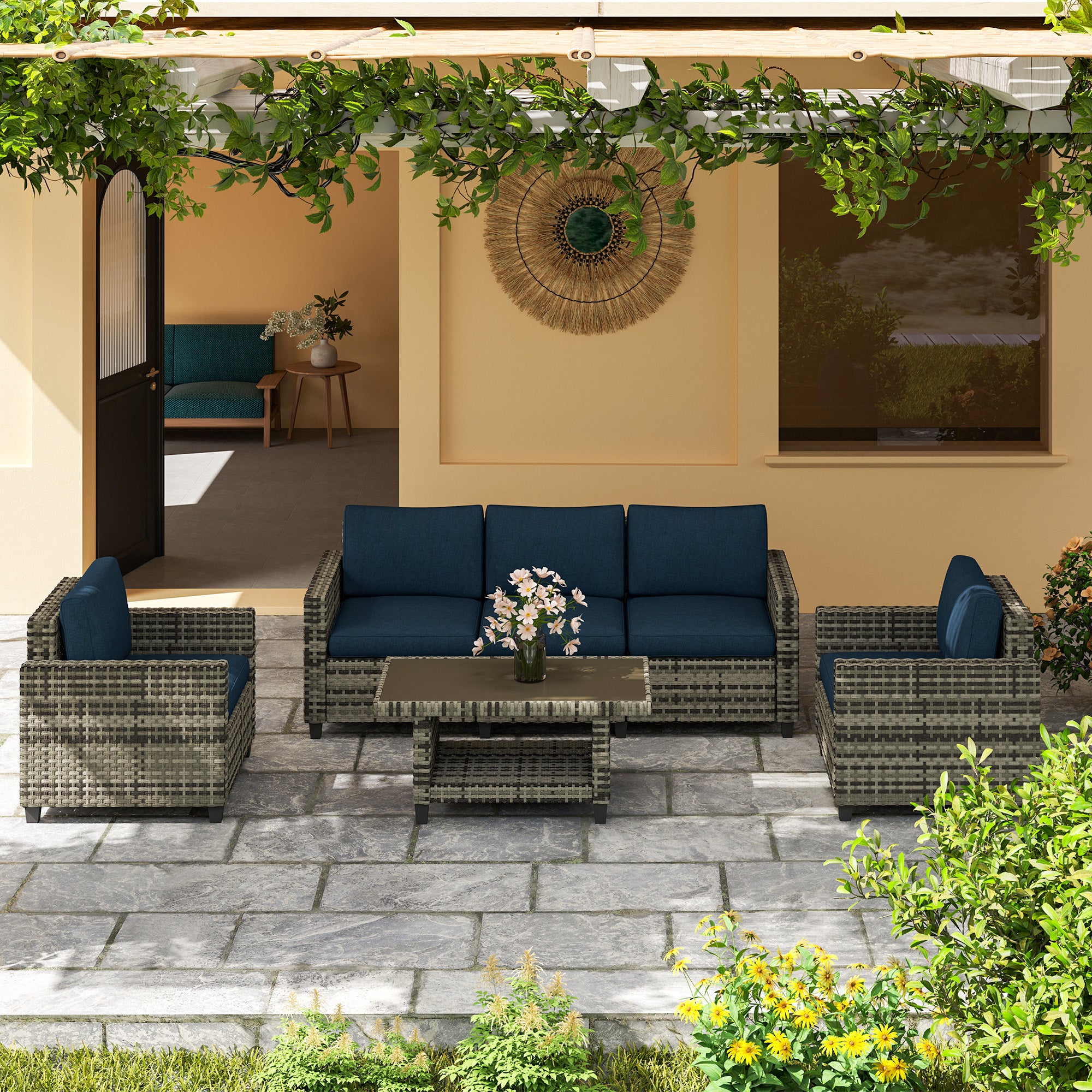 Outsunny 6 Pieces Rattan Garden Furniture Set, 5 Seater Wicker Outdoor Furniture Set with 2 Armchairs, Steel Frame Coffee Table and Cushions for Balcony, Porch, Navy Blue 