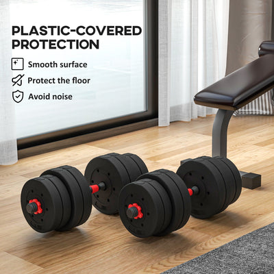 HOMCOM 30kg 2 IN 1 Adjustable Dumbbells Weight Set, Dumbbell Hand Weight Barbell for Body Fitness, Lifting Training for Home, Office, Gym, Black 