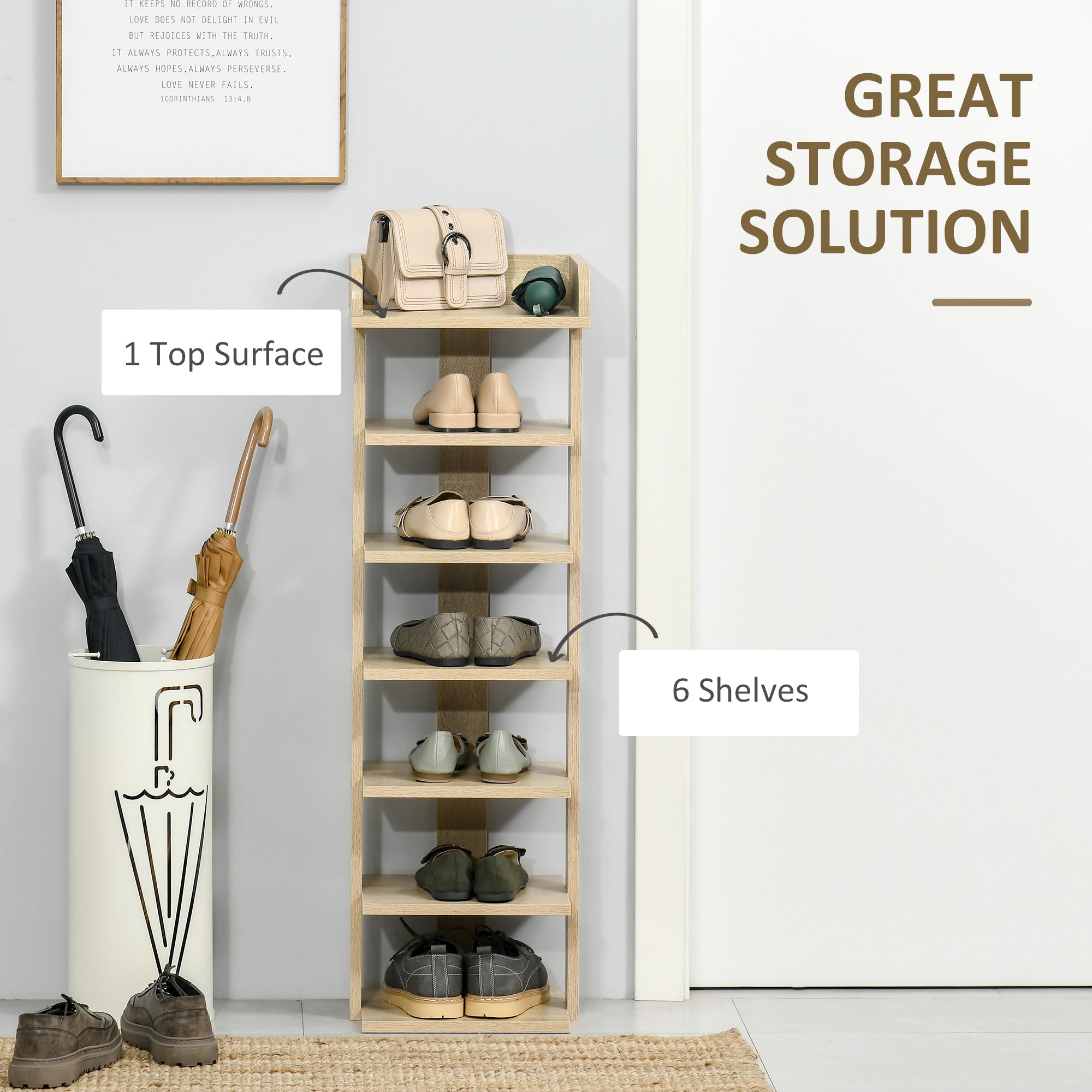 HOMCOM 7 Tier Shoe Rack Organizer Storage Shelf Wooden Display Cabinet for Entryway Living Room Bedroom Oak 