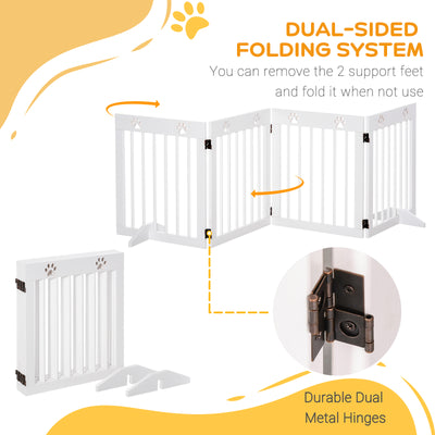 PawHut Freestanding Pet Gate 4 Panel Wooden Dog Barrier Folding Safety Fence with Support Feet up to 204cm Long 61cm Tall for Doorway Stairs White 