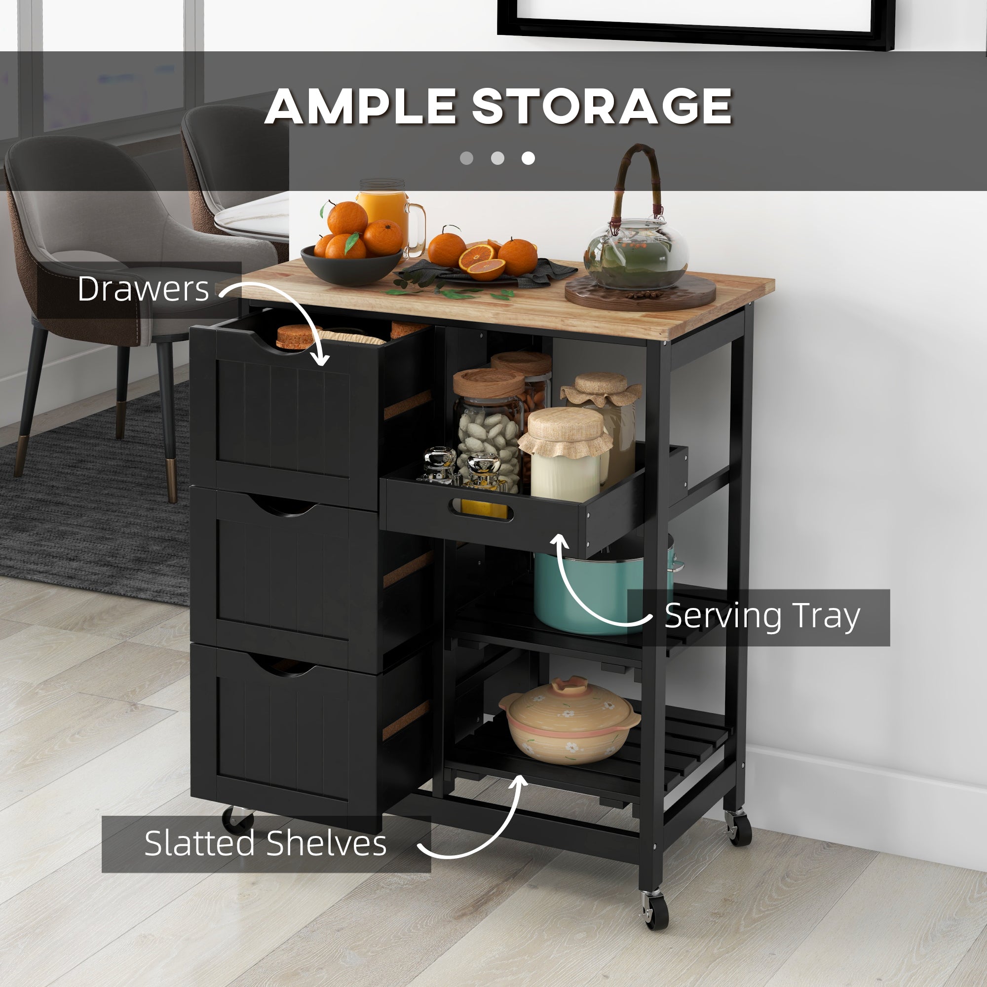 HOMCOM Rolling Kitchen Island Cart, Bar Serving Cart, Compact Trolley on Wheels with Wood Top, Shelves & Drawers for Home Dining Area, Black 