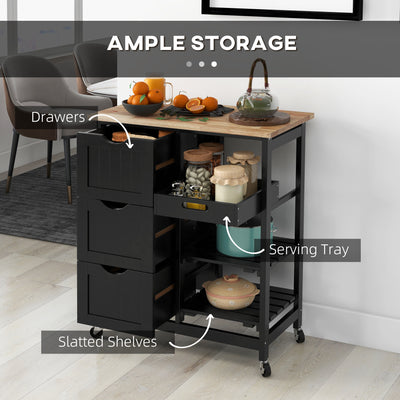 HOMCOM Rolling Kitchen Island Cart, Bar Serving Cart, Compact Trolley on Wheels with Wood Top, Shelves & Drawers for Home Dining Area, Black 