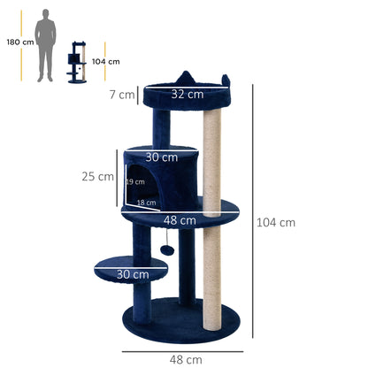 PawHut 104 cm Cat Tree, Cat Condo Tree Tower, Cat Activity Centre with Scratching Posts, Plush Perches, Hanging Ball - Blue 