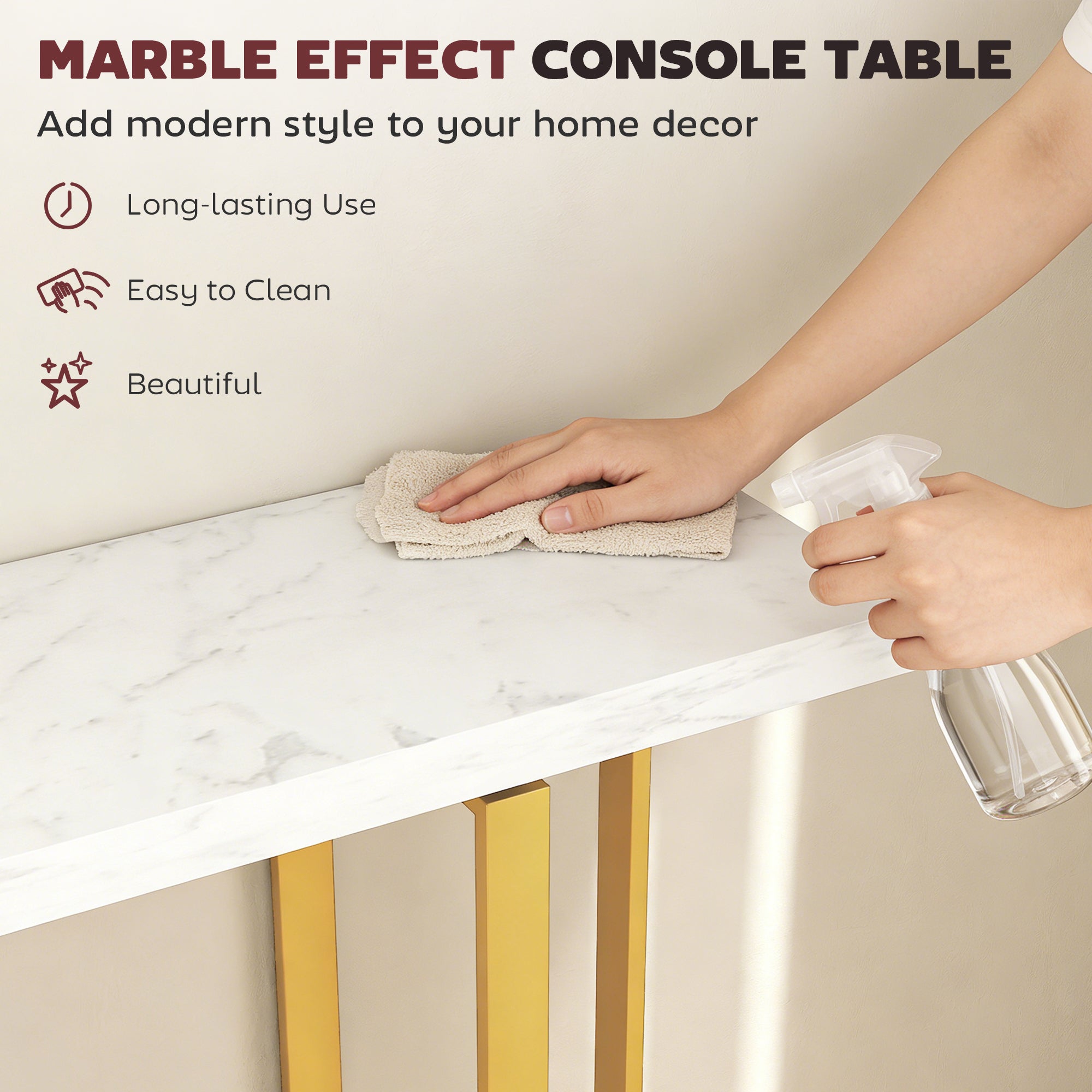 HOMCOM Console Table with Faux Marble Top, 100 cm Narrow Entryway Table with Anti-tipping Device, Steel Frame, White 