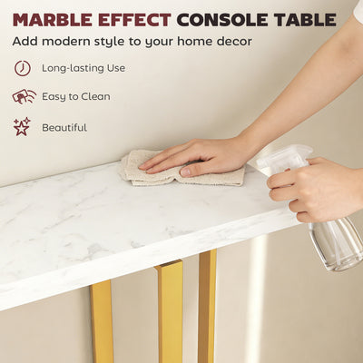 HOMCOM Console Table with Faux Marble Top, 100 cm Narrow Entryway Table with Anti-tipping Device, Steel Frame, White 