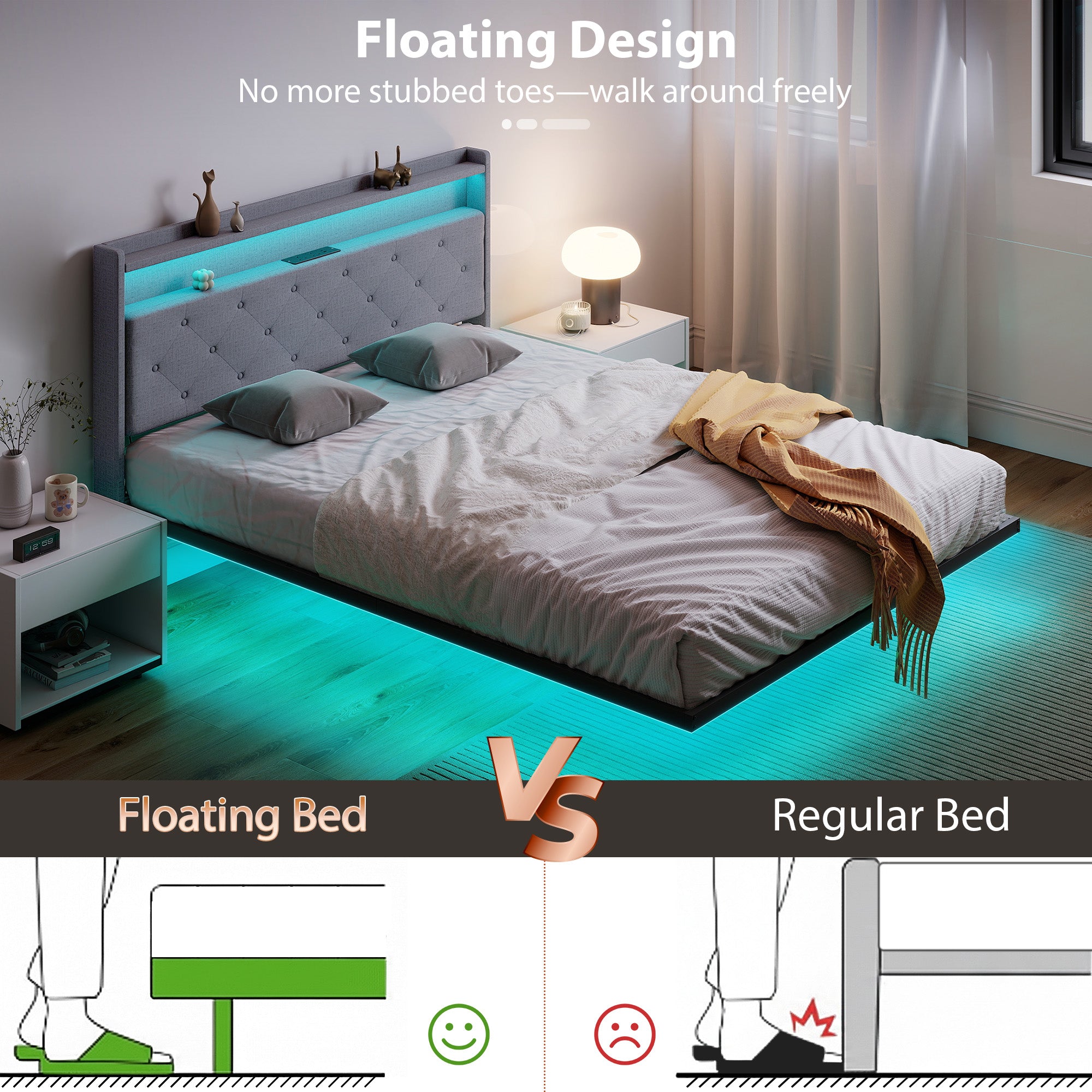 HOMCOM Floating Bed Frame, Upholstered 5ft King Size Bed, Platform Bed with RGB LED Lights and Charging Station, Grey 