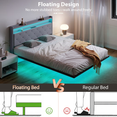HOMCOM Floating Bed Frame, Upholstered 5ft King Size Bed, Platform Bed with RGB LED Lights and Charging Station, Grey 