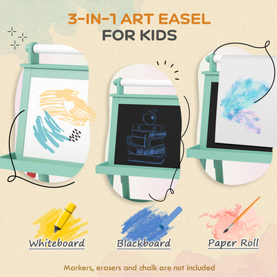 AIYAPLAY 3 in 1 Kids Easel Double-Sided Magnetic Whiteboard and Chalkboard with Paper Roll, Storage Baskets - Green 
