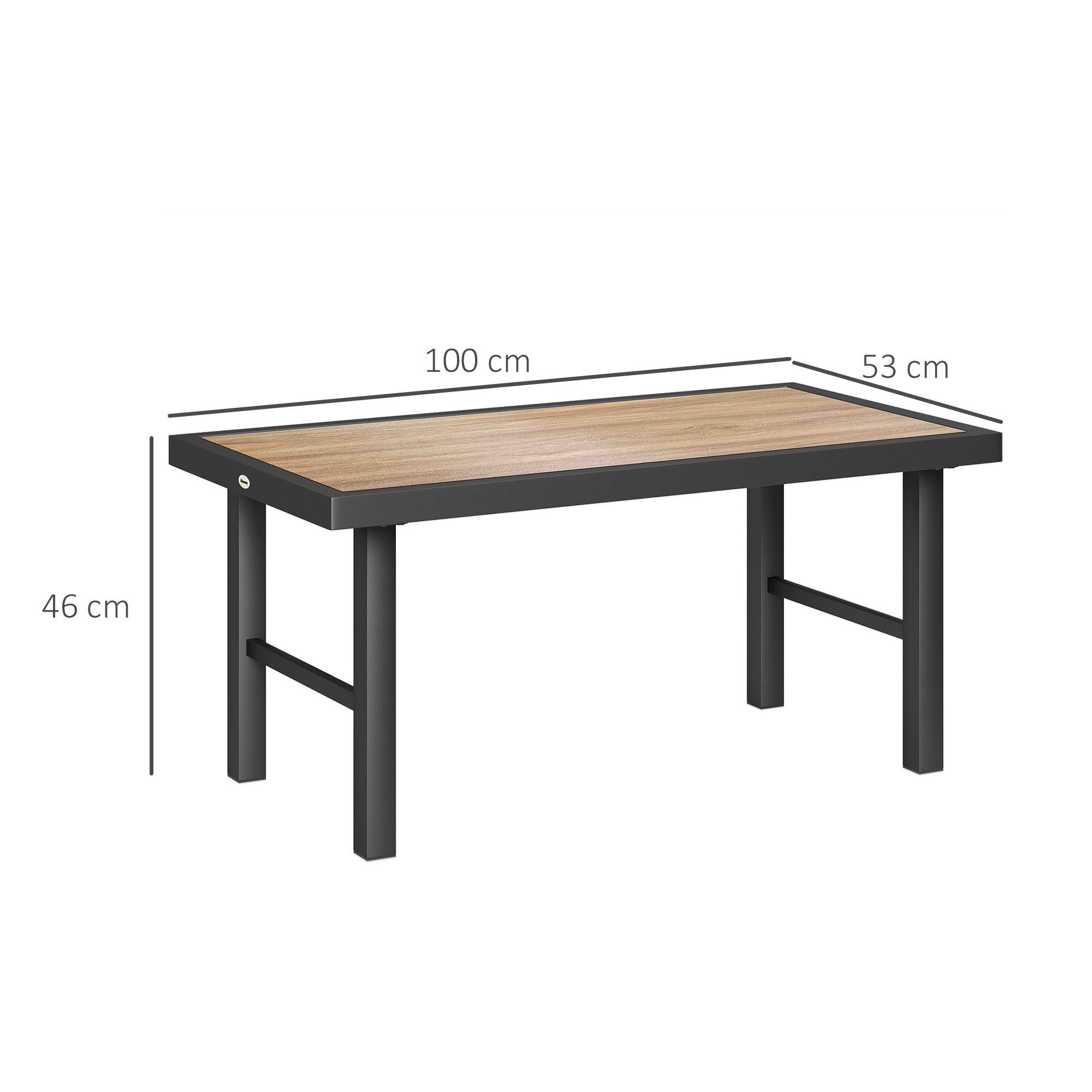 Outsunny Metal Garden Coffee Table, Outdoor Side Table with SPC Woodgrain Tabletop for Outside, Garden, Balcony, Porch, 100 x 53 x 46cm, Brown Wood Effect 