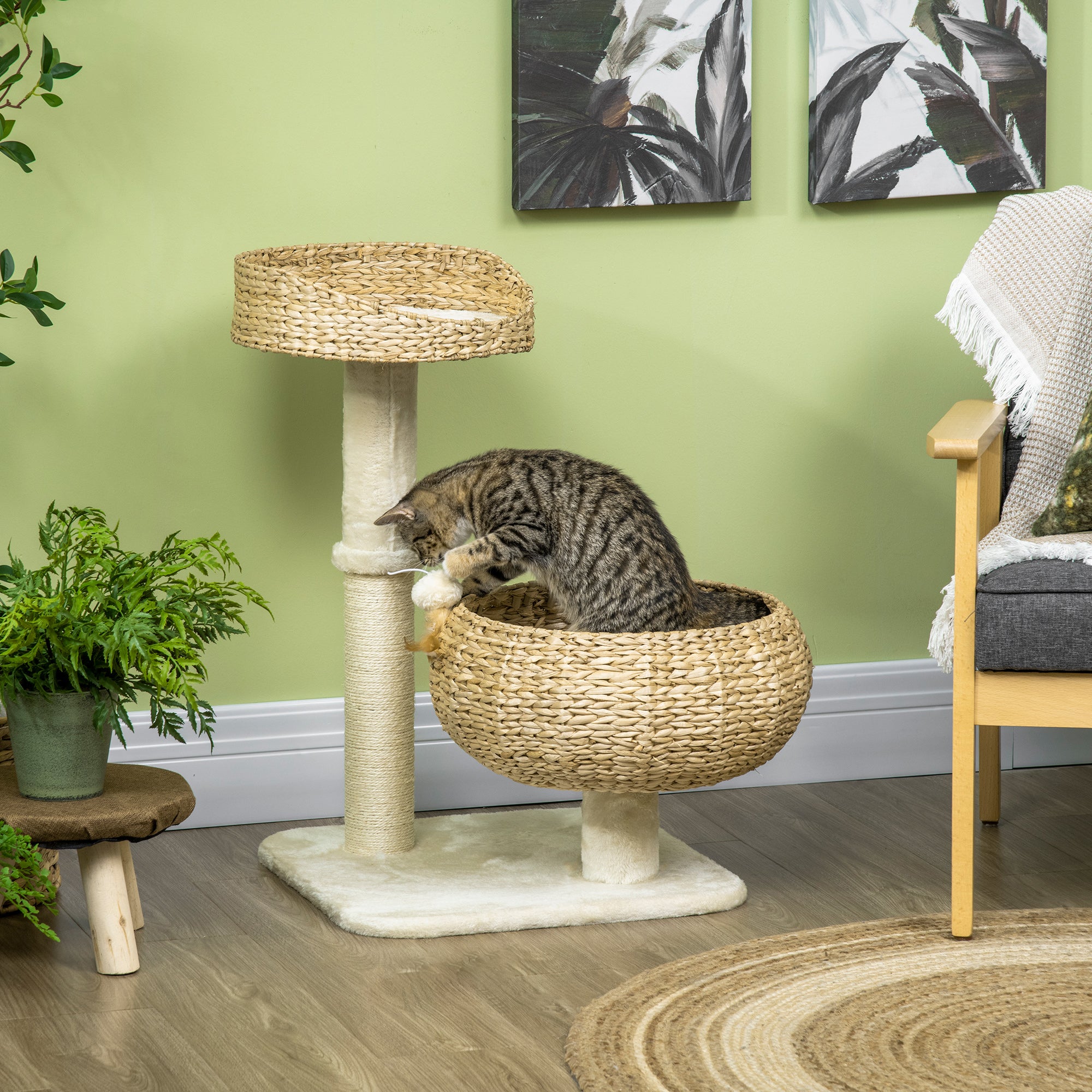 PawHut 72cm Cat Tree Kitten Tower, with Sisal Scratching Post, Two Beds, Toy Ball 