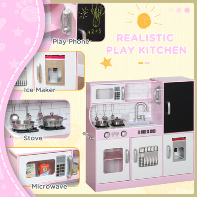 AIYAPLAY Pretend Play Kitchen, Kids Kitchen Playset w/ Toy Phone, Chalkboard, Microwave, Cooking Stove, Sink 
