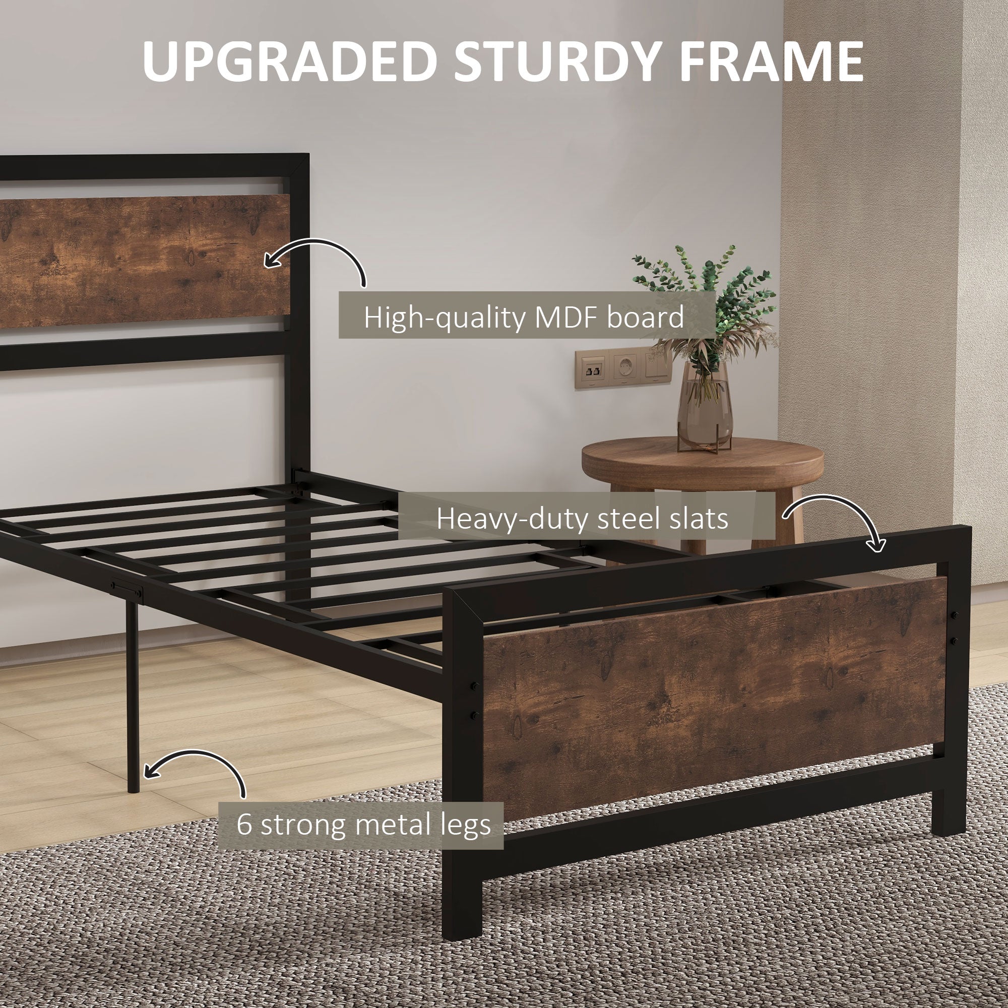 HOMCOM Single Size Metal Bed Frame with Headboard & Footboard, Strong Slat Support Solid Bedstead Base w/ Underbed Storage Space, Bedroom Furniture For Adults 