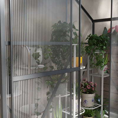 Outsunny 6 x 2.5ft Polycarbonate Greenhouse Walk-In Green House with Rain Gutter, Sliding Door, Window, Foundation, Dark Grey 