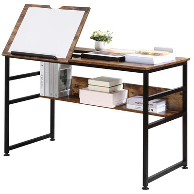 HOMCOM Adjustable Drafting Table Art Desk Drawing Table, Craft Desk Workstation for Painting, Multifunctional Writing Desk w/ 15-Level Tiltable Tabletop and Storage Shelf, Home Office, Rustic Brown 