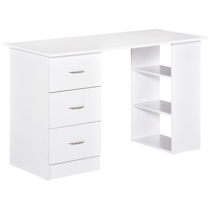 HOMCOM Computer Desk, Writing Table, PC Workstation with 3 Storage Shelves and Drawers, Silver Handle, for Home Office, White 