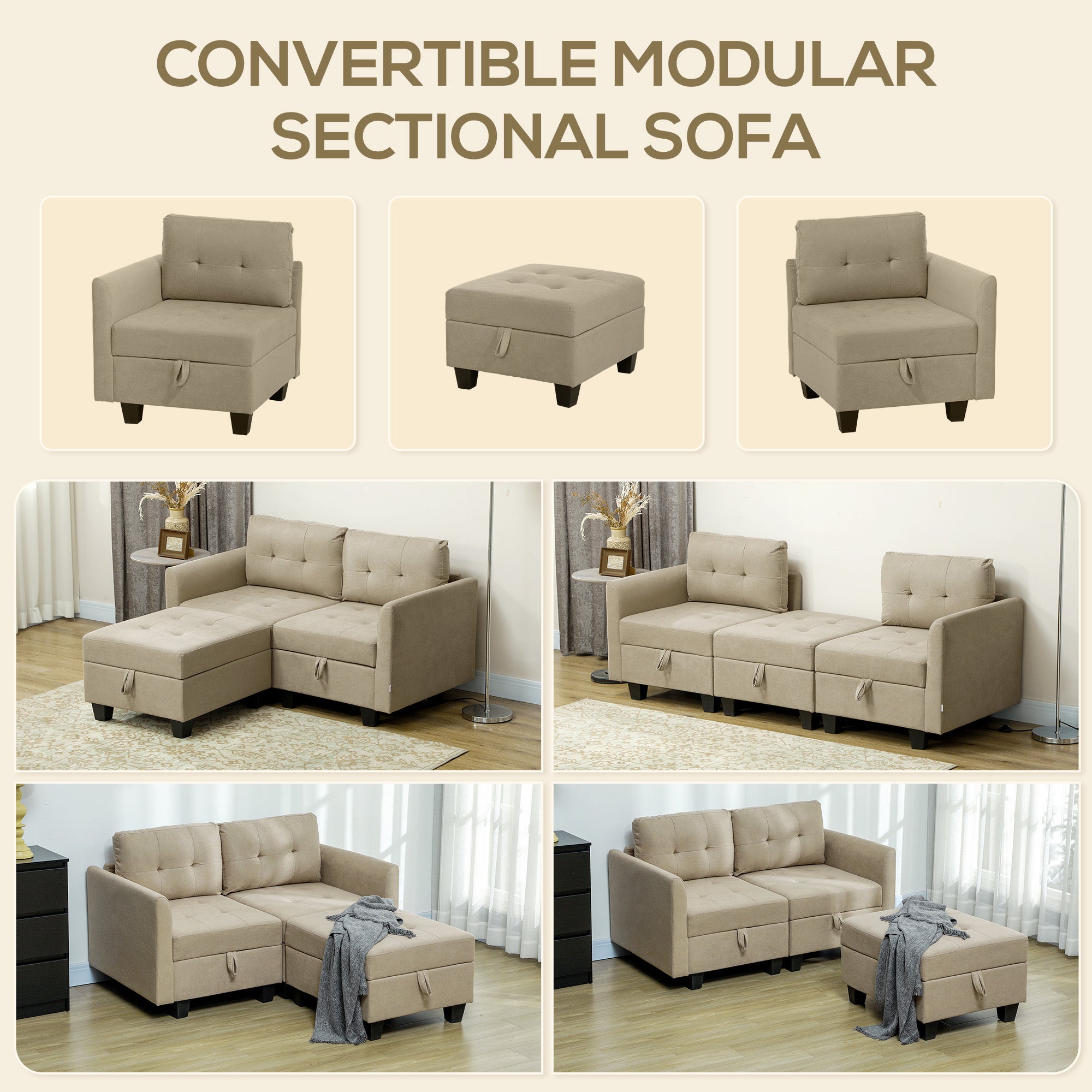 HOMCOM 'L' Shape Modular Storage Sofa - Light Brown 