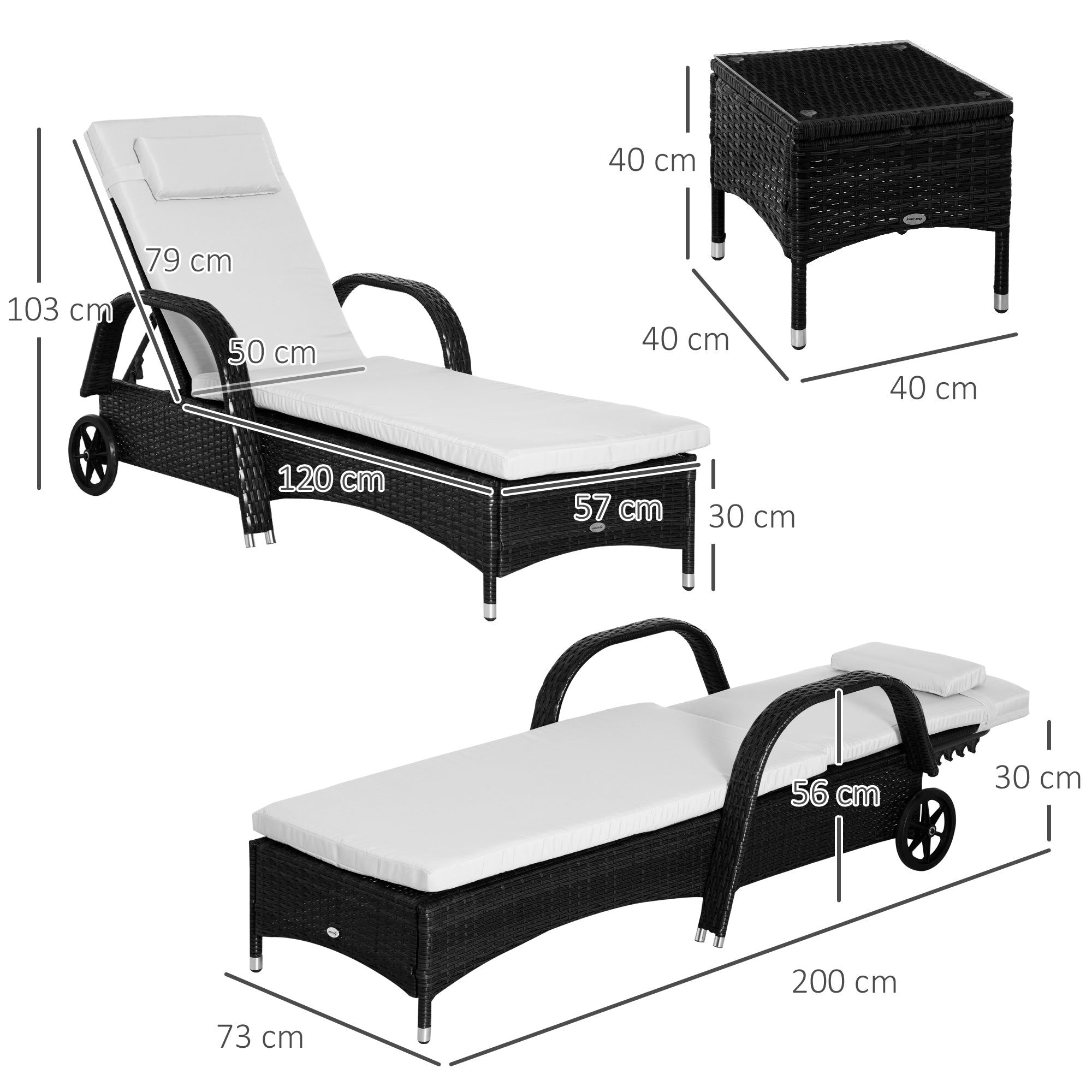 Outsunny 2 Seater Rattan Sun Lounger Set with Side Table Black 