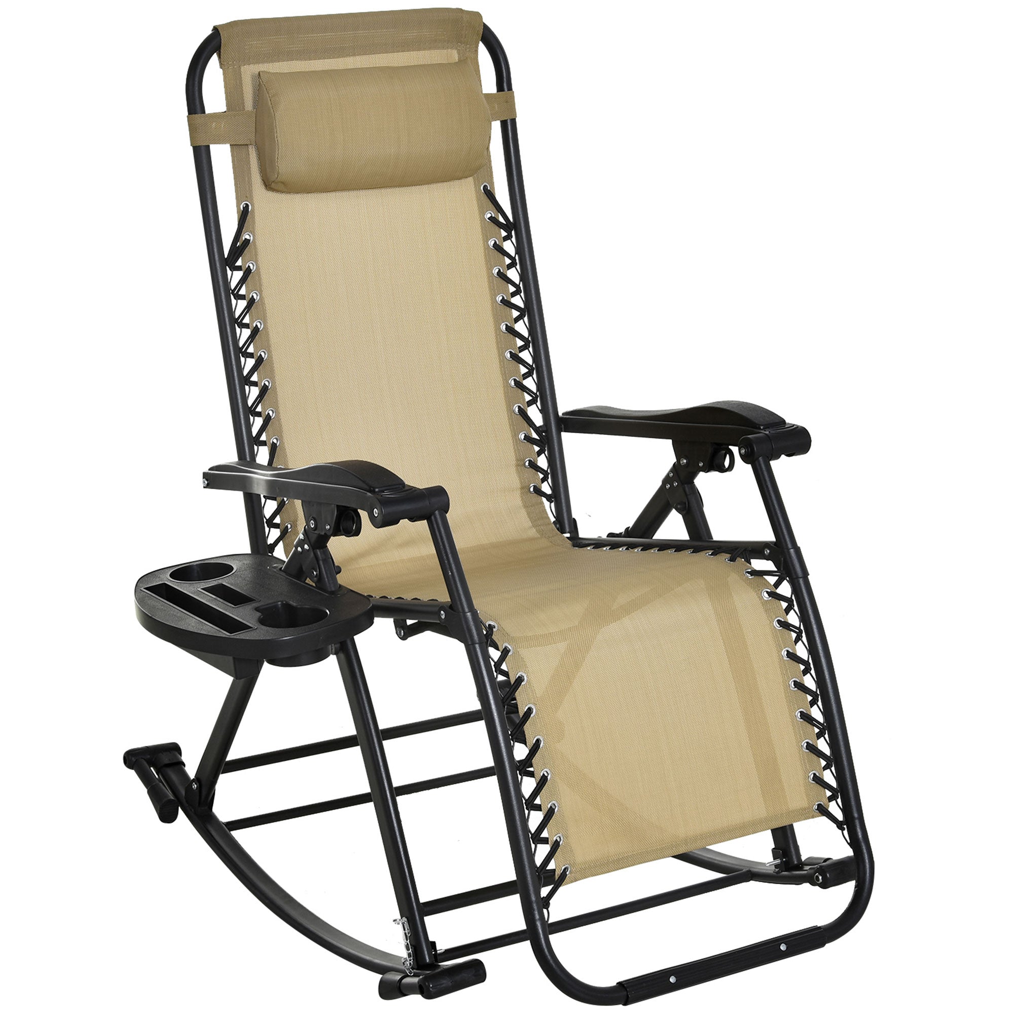 Outsunny Garden Rocking Chair Folding Recliner Outdoor Adjustable Sun Lounger Rocker Zero-Gravity Seat with Headrest Side Holder Patio Deck - Beige 