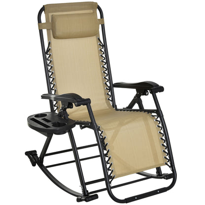 Outsunny Garden Rocking Chair Folding Recliner Outdoor Adjustable Sun Lounger Rocker Zero-Gravity Seat with Headrest Side Holder Patio Deck - Beige 