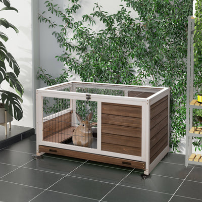 PawHut Wooden Guinea Pig Hutch, 2-Floor Bunny Cage w/ Enclosed Run Area, Brown 
