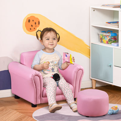 HOMCOM Toddler Chair Single Seater Kids Sofa Set, 54 x 42 x 41cm, Kids Sofa with Stool, Pink 