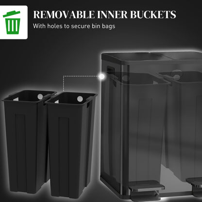 HOMCOM 40L Dual Compartment Stainless Steel Bin, with Deodoriser Holders - Black 