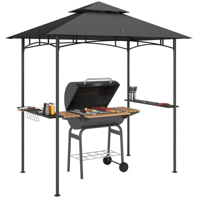 Outsunny 8' x 5' Grill Gazebo, Double Tiered BBQ Gazebo Shelter Canopy with LED Lights, 2 Side Shelves, Hooks, Dark Grey 