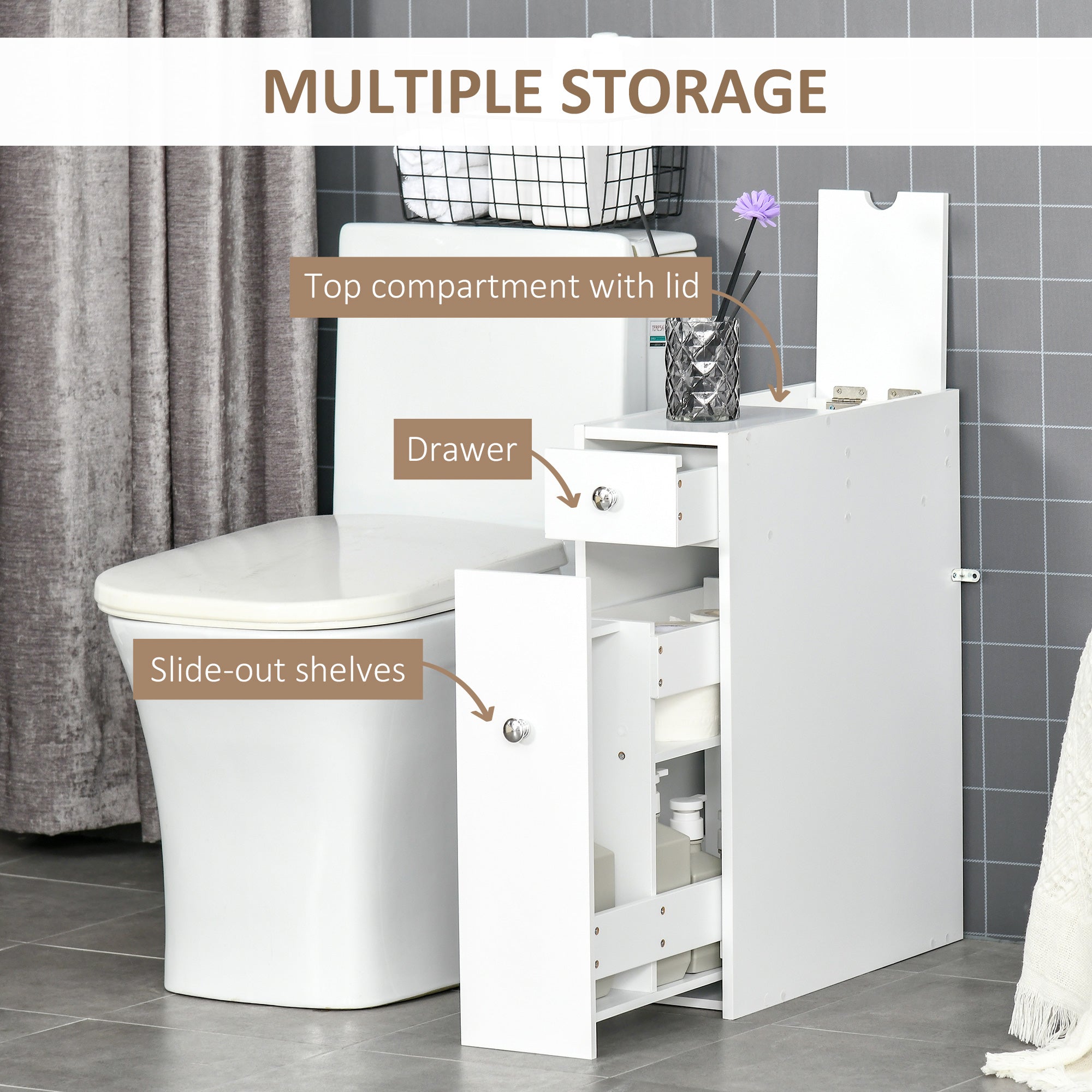 HOMCOM Bathroom Slim Floor Cabinet Narrow Wooden Storage Home Bath Toilet Cupboard Organiser Unit with Drawers White 