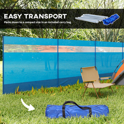 Outsunny Camping Windbreaker with Clear Windows, Carry Bag and Steel Poles, for Beach Caravan Campervan, 725 x 140cm, Blue 