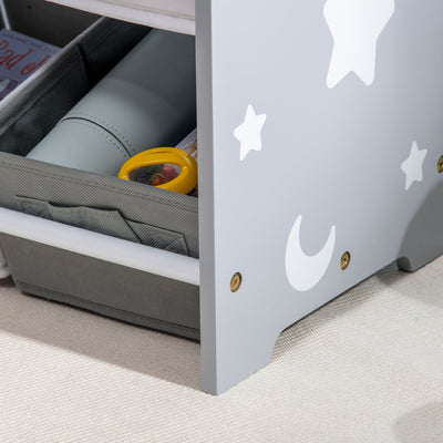 ZONEKIZ 3PCs Kids Furniture Bedroom Set with Bed, Toy Box Bench, Storage Unit with Baskets, Star and Moon Patterns, for 3-6 Years Old Boys Girls, Grey 