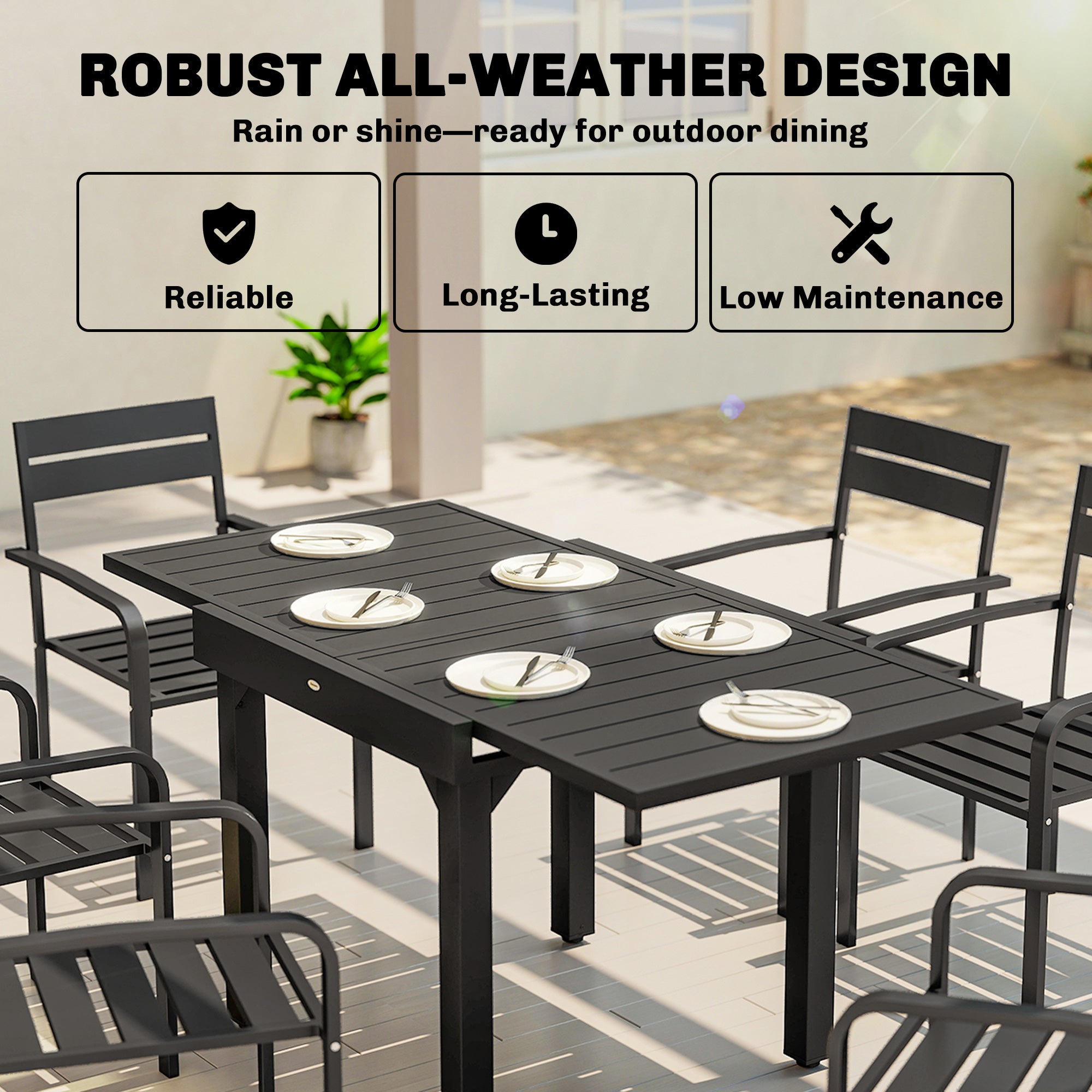 Outsunny Expandable Patio Dining Table for 4-6 People, 80-160 cm Aluminium Extendable Outdoor Patio Table with Slatted Top, Black 