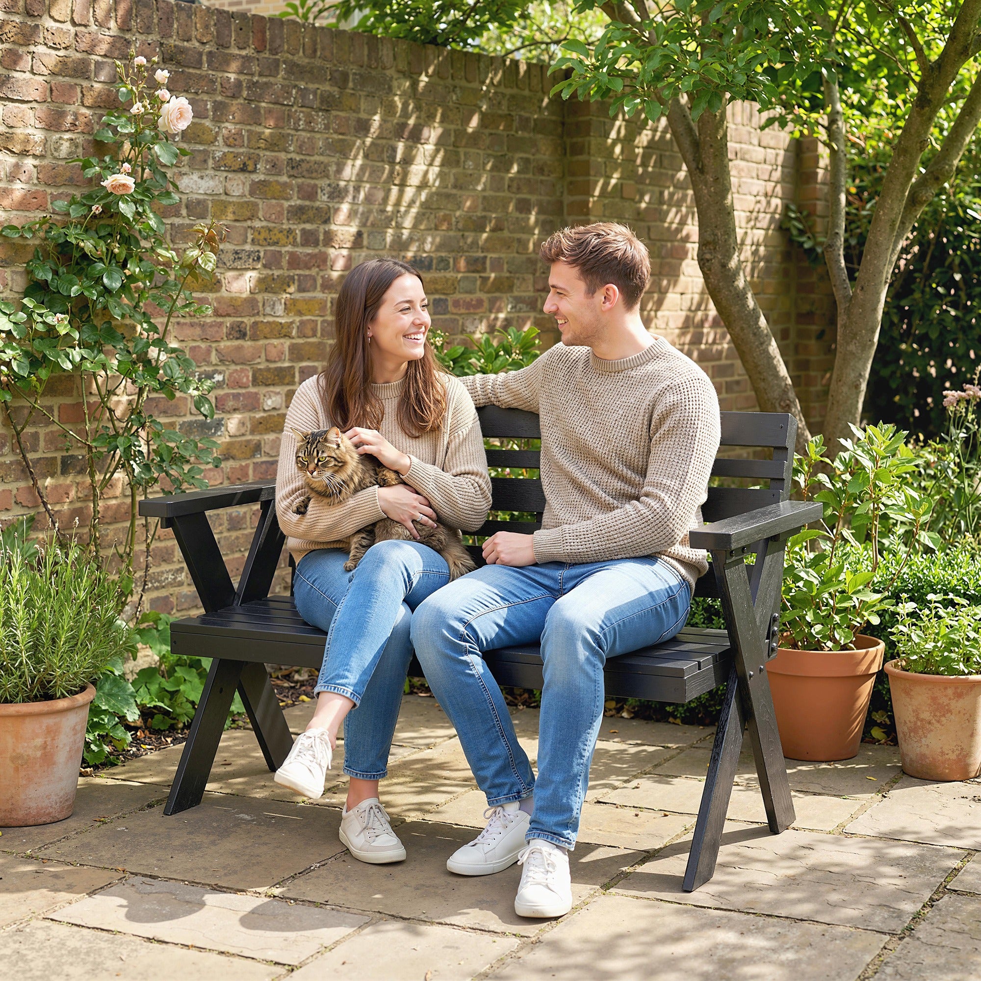 Outsunny 2 Seater Wooden Garden Bench, Slatted Patio Bench with Armrest and Backrest, Black 