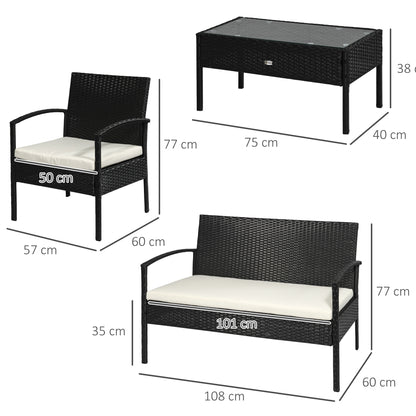 Outsunny 4 Pieces Rattan Garden Furniture Set, 4 Seater Garden Sofa Set with Loveseat, Armchairs and Glass Top Table, Wicker Conservatory Furniture with Cushions for Patio, Balcony, Black 