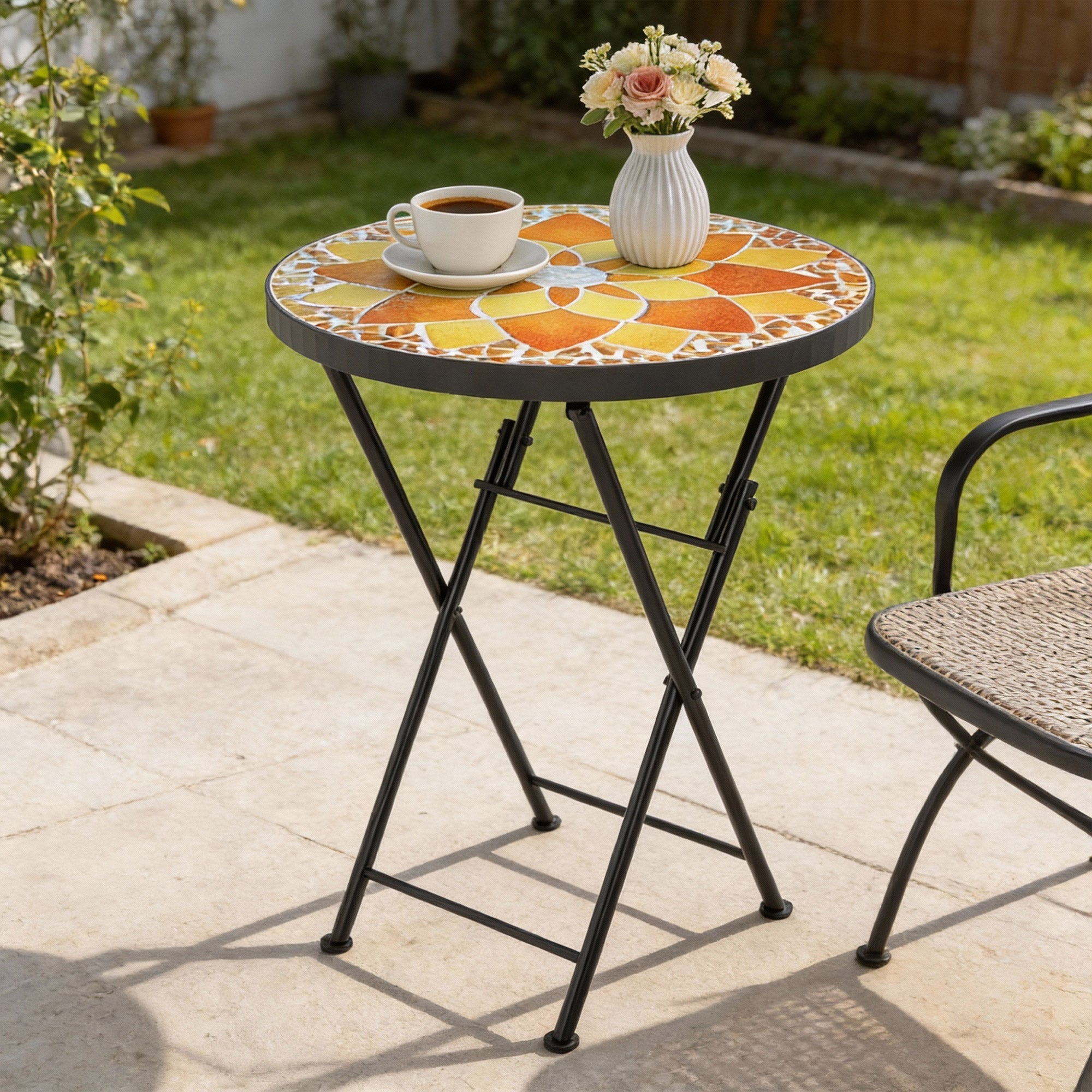 Outsunny Mosaic Outdoor Garden Table, 35.5cm Round Folding Coffee Table with Metal Frame for Balcony Terrace, Yellow 