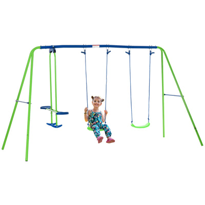 Outsunny Metal Garden Swing Set Height Adjustable Children Outdoor Backyard Play Set for Toddlers Over 3 Years Old, Green 