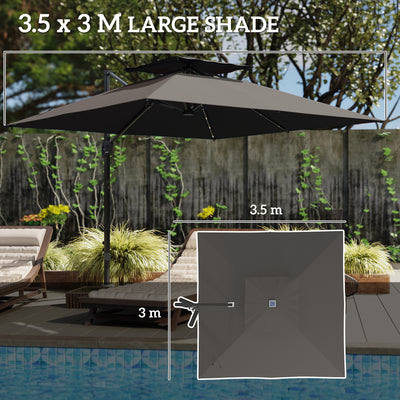 Outsunny 3.5x3 m Garden Cantilever Parasol with Solar LED Lights and Centre Light, Aluminium Large Square Patio Umbrella, UPF50+ Hanging Sun Shade with Cross Base, Crank Handle and Tilt, Grey 