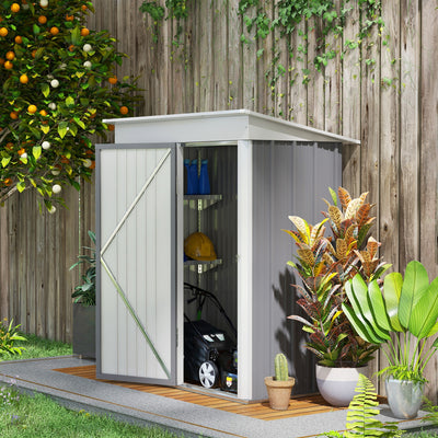 Outsunny Metal Garden Shed, Outdoor Lean-to Shed for Tool Motor Bike, with Adjustable Shelf, Lock, Gloves, 5'x3'x6', Grey 