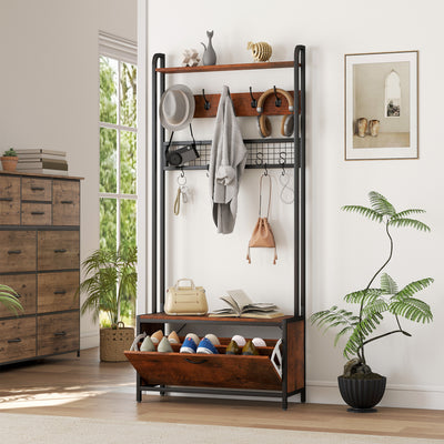 HOMCOM 5-In-1 Industrial-Style Hallway Tree - Brown/Black 