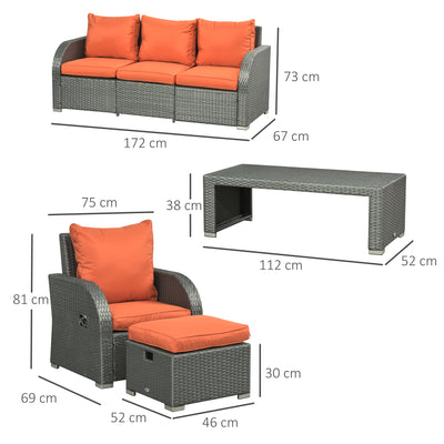 Outsunny Six-piece Outdoor Rattan Dining Set, with Reclining Armchairs - Orange 