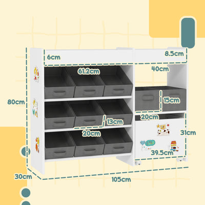 AIYAPLAY Kids Toy Storage Unit with 11 Bins, Cabinet, Top Shelves, 3 Stickers, for Nursery, Playroom, White 