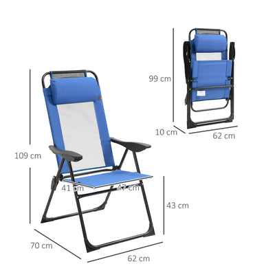 Outsunny Folding Garden Chairs Set of 2, 5-Position Recliner Camping Chair with High Back, All Weather Texteline Seat, Portable Outdoor Dining Chairs with Headrests for Patio, Picnic, Blue 