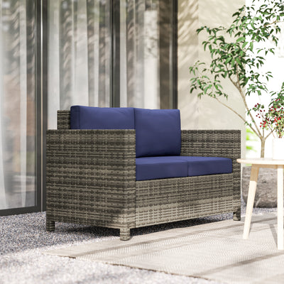 Outsunny 2 Seater Garden Furniture, Rattan Sofa with Soft Padded Cushion and Armrests, Wicker Garden Loveseat for Patio, Navy Blue 