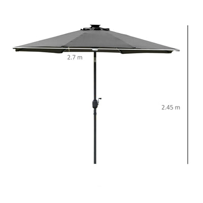 Outsunny 2.7m Garden Parasol Sun Umbrella w/ LED Solar Light Angled Canopy Grey 