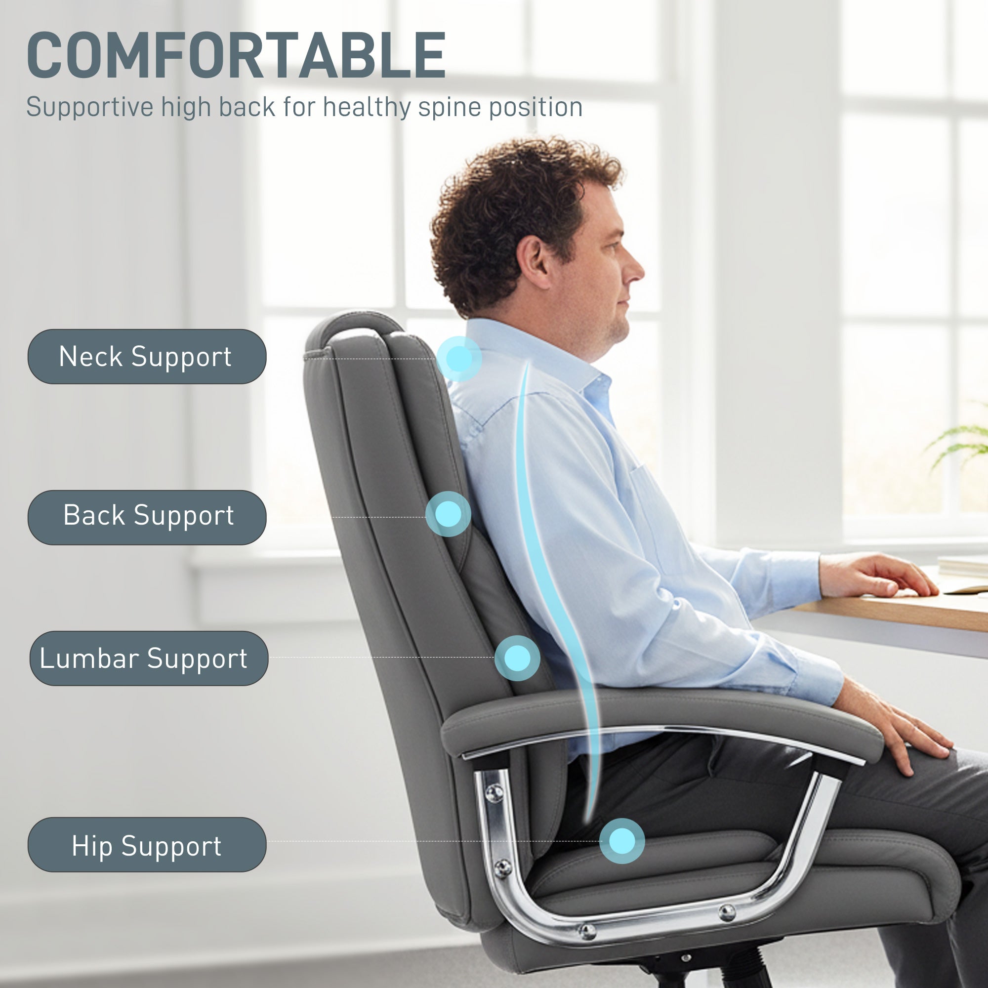 HOMCOM Big and Tall Office Chair 180kg with Spring Cushion, PU Leather - Grey 