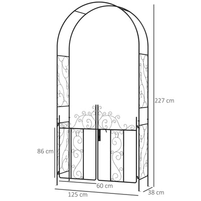 Outsunny Outdoor Garden Arch with Double Gates, Metal Garden Arbor for Climbing Plants, Roses, Vines, Wedding Arch for Outdoor, 125L x 38W x 227H cm, Black 