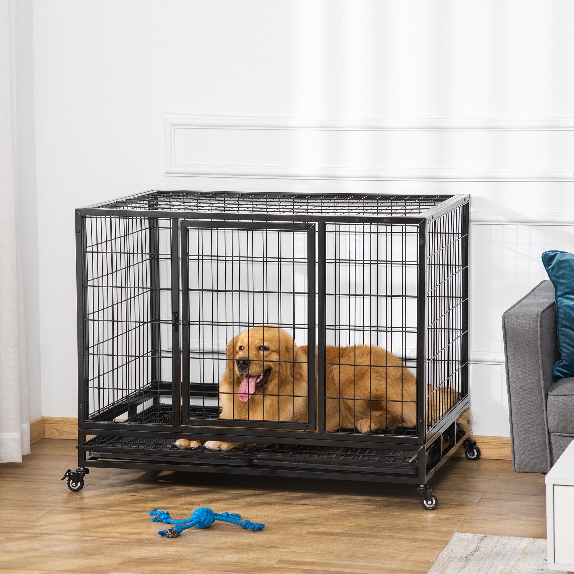 PawHut 43" Heavy Duty Metal Dog Crate Pet Cage with Tray Wheeled Dog Kennel - Black (Large) 